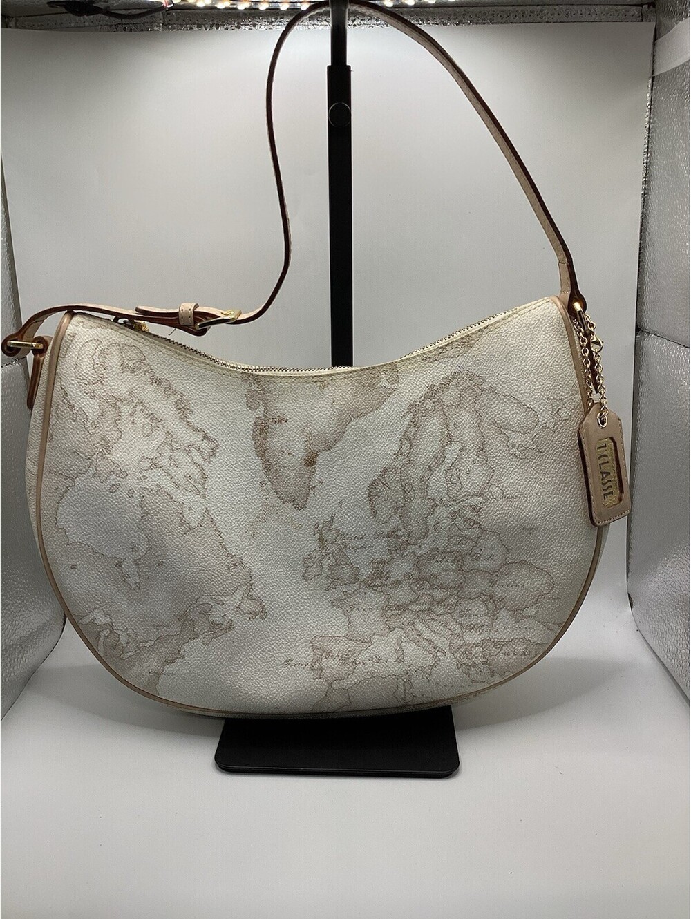 ALVIERO MARTINI World Map Canvas White and Tan Hobo Shoulder Bag Made in Italy